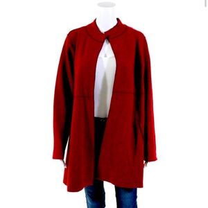 Eileen Fisher Womens Merino Wool Top Stitch Open Cardigan Overcoat Red Size M